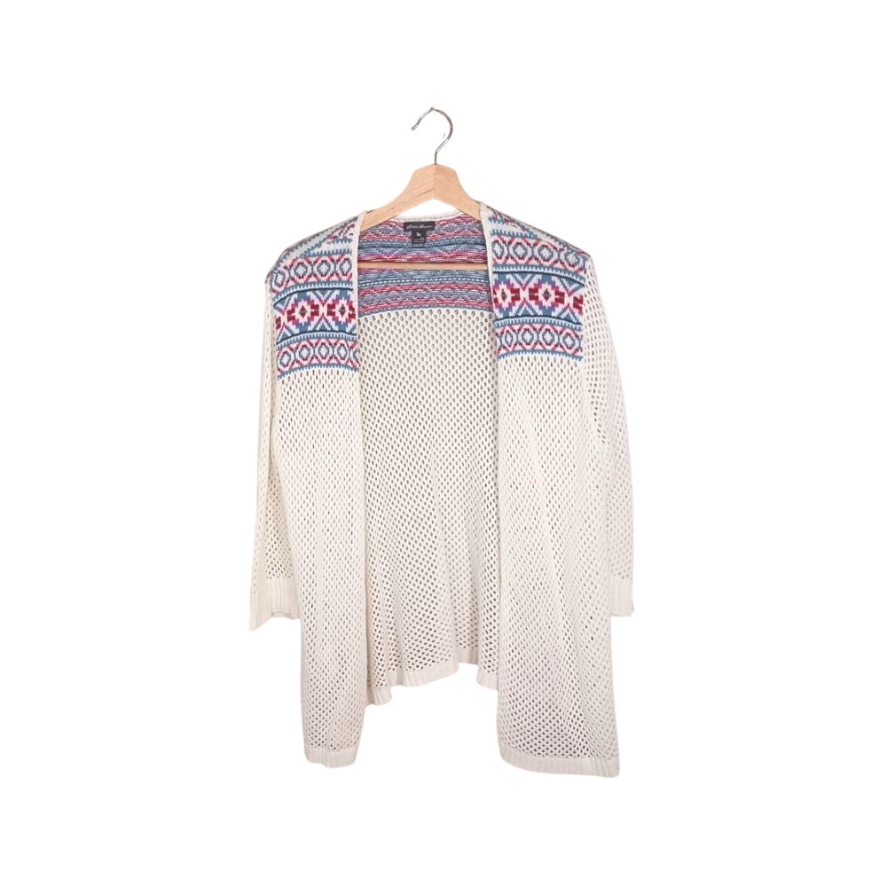 Eddie Bauer Linen Blend Open Knit Cardigan Women's 2X Boho Crochet Coastal Beach
